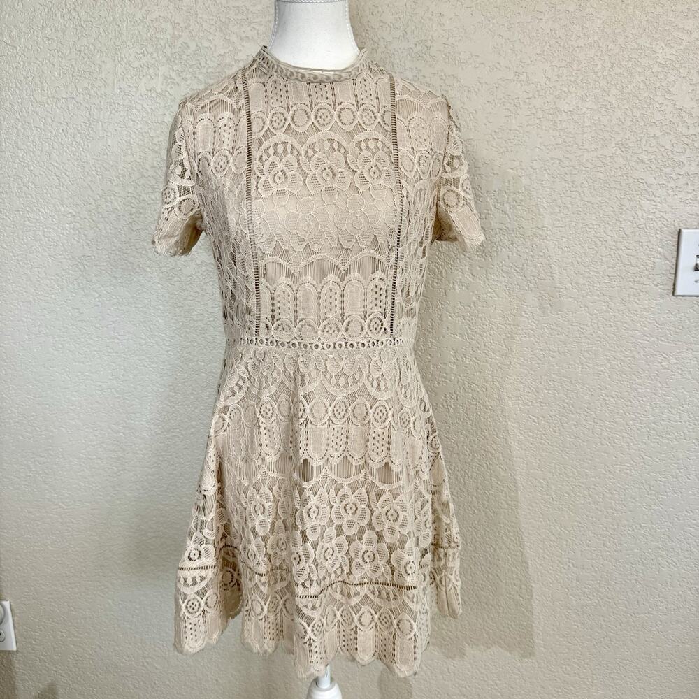 Anthro Blu Pepper Size Medium Dress Light Beige Tan Crochet Lace Cottage Core